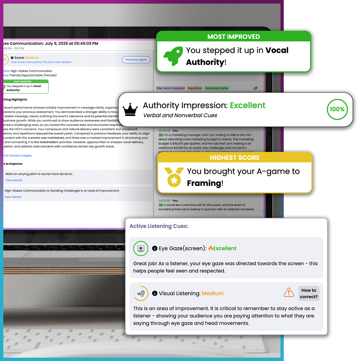 Image shows a Practise Portal report on a computer screen. Sitting on top of the screen to the right are some examples of feedback awards.